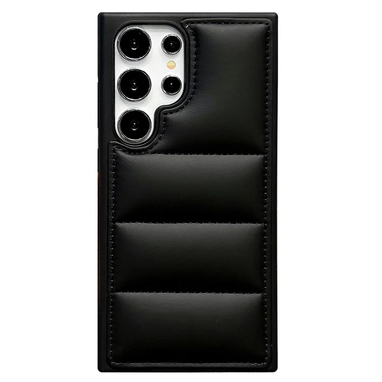 For Samsung Galaxy S23 Ultra Case Puffer Jacket Leather+TPU Soft Touch Phone Cover - Black