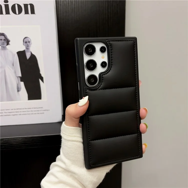 For Samsung Galaxy S23 Ultra Case Puffer Jacket Leather+TPU Soft Touch Phone Cover - Black