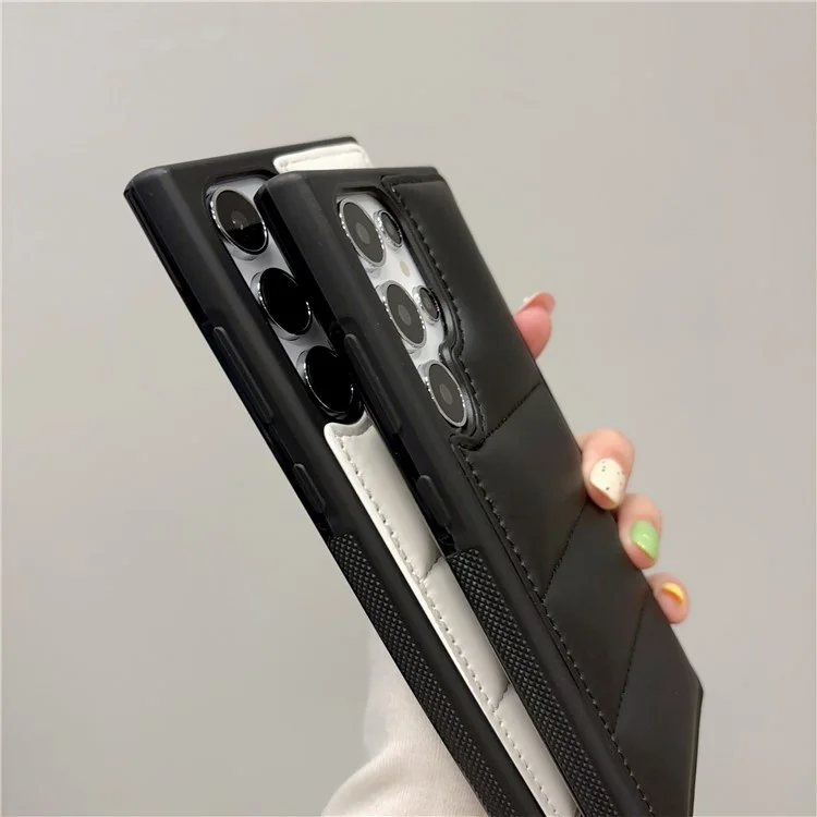 For Samsung Galaxy S23 Ultra Case Puffer Jacket Leather+TPU Soft Touch Phone Cover - Black