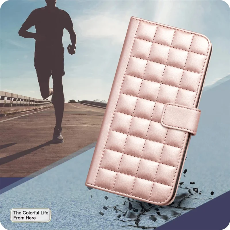 BINFEN COLOR for Samsung Galaxy A56 5G Leather Case Wallet Square Grid Phone Cover - Rose Gold