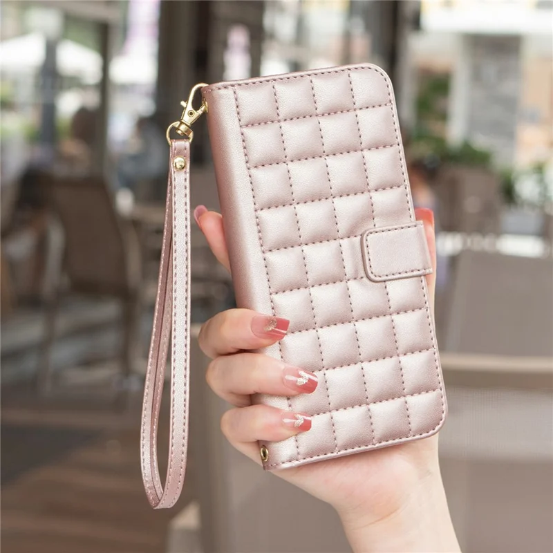 BINFEN COLOR for Samsung Galaxy A56 5G Leather Case Wallet Square Grid Phone Cover - Rose Gold