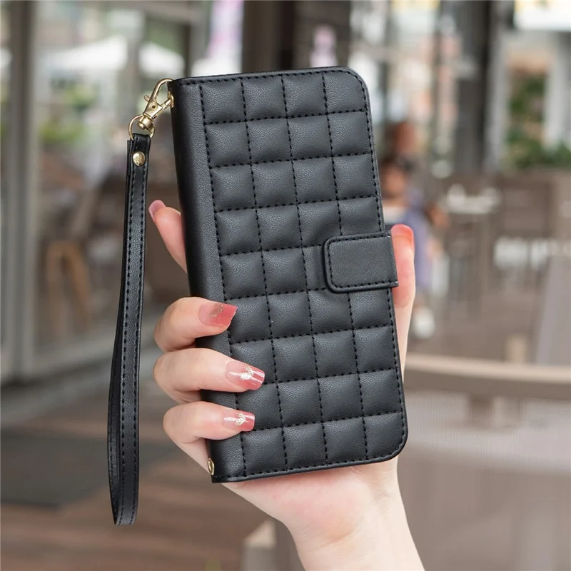 BINFEN COLOR for Samsung Galaxy A56 5G Leather Case Wallet Square Grid Phone Cover - Black