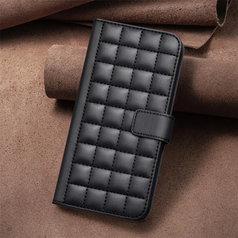 BINFEN COLOR for Samsung Galaxy A56 5G Leather Case Wallet Square Grid Phone Cover - Black