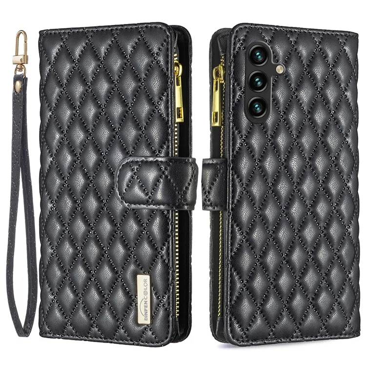 BINFEN COLOR BF Style-15 Lederhülle mit Reißverschlusstaschen und Rautenmuster für Samsung Galaxy A56 - Schwarz