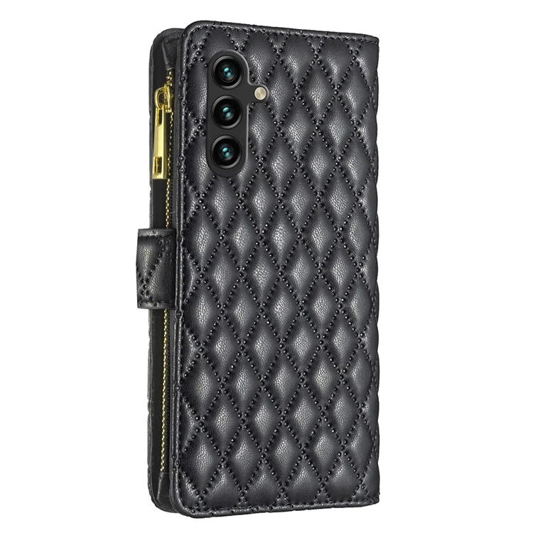 BINFEN COLOR BF Style-15 Lederhülle mit Reißverschlusstaschen und Rautenmuster für Samsung Galaxy A56 - Schwarz