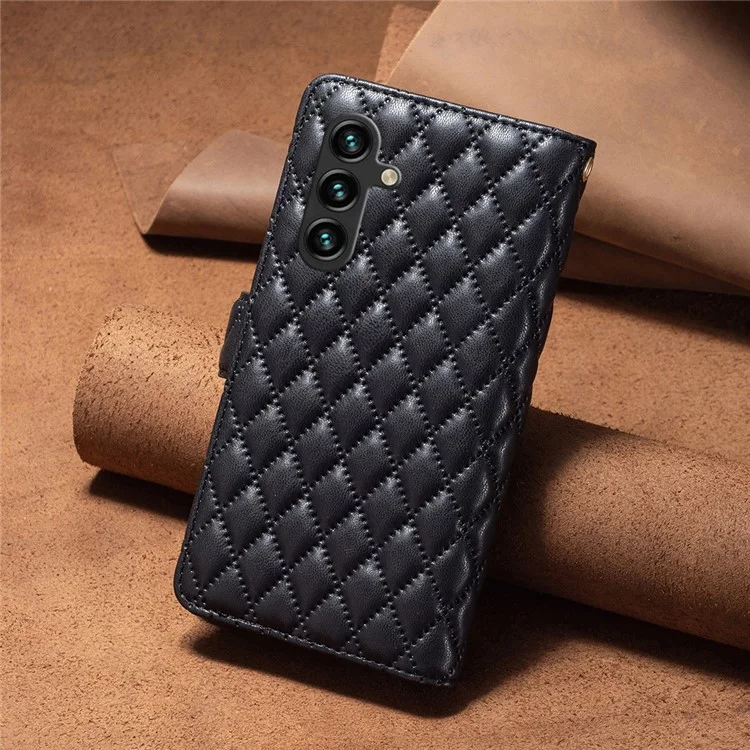 BINFEN COLOR BF Style-15 Lederhülle mit Reißverschlusstaschen und Rautenmuster für Samsung Galaxy A56 - Schwarz