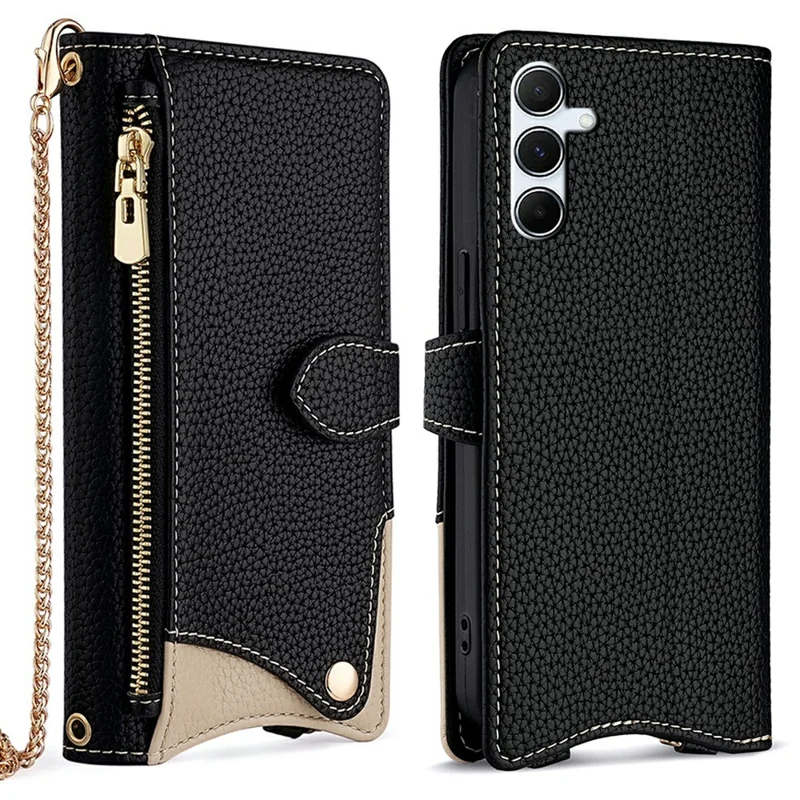 For Samsung Galaxy A56 5G Leather Case Wallet Stand Cover Irregular Tail Style with Chain Strap - Black