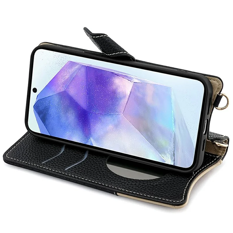 For Samsung Galaxy A56 5G Leather Case Wallet Stand Cover Irregular Tail Style with Chain Strap - Black