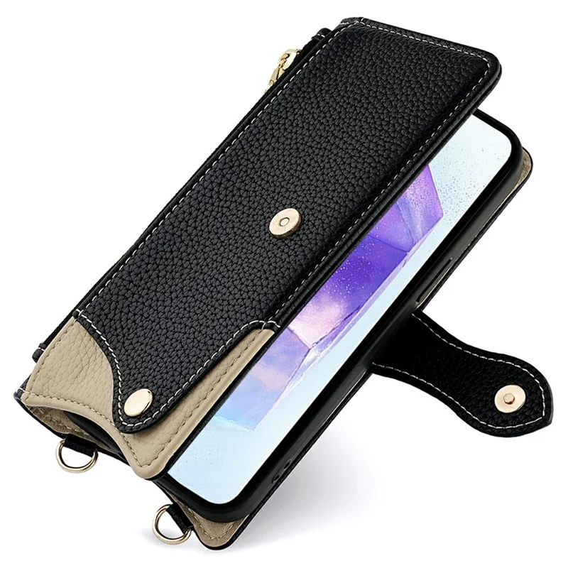For Samsung Galaxy A56 5G Leather Case Wallet Stand Cover Irregular Tail Style with Chain Strap - Black