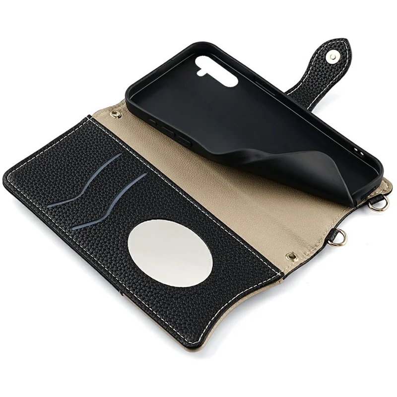 For Samsung Galaxy A56 5G Leather Case Wallet Stand Cover Irregular Tail Style with Chain Strap - Black