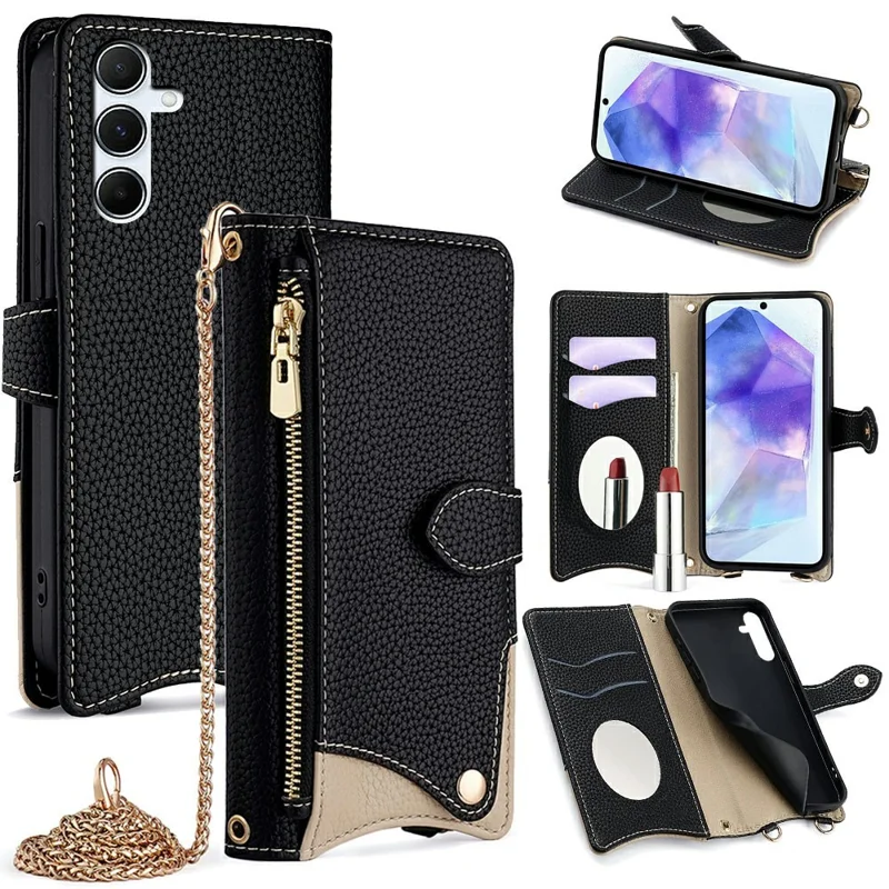For Samsung Galaxy A56 5G Leather Case Wallet Stand Cover Irregular Tail Style with Chain Strap - Black