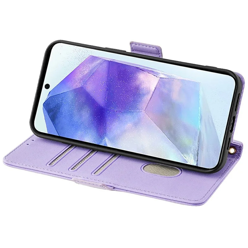 For Samsung Galaxy A56 5G Leather Wallet Case RFID Blocking Stand Cover with Hand Strap - Purple