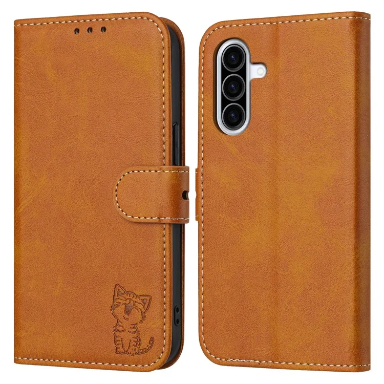 Für Samsung Galaxy A36 5G Hülle Glückliche Katze Muster Geprägtes Leder Brieftasche Handyhülle - Gelb