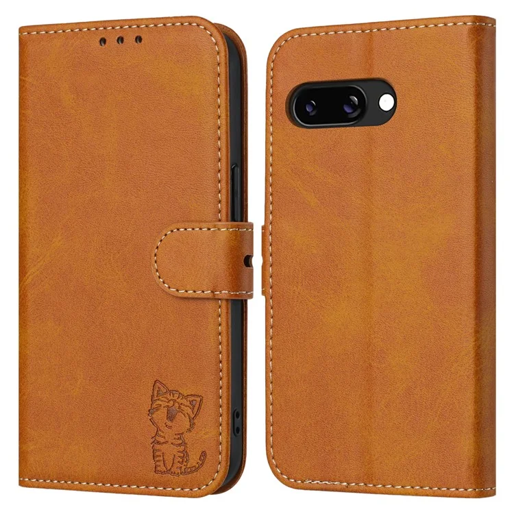 Für Google Pixel 9a Hülle Fröhliche Katze Muster eingeprägt Leder Brieftasche Handyhülle - Gelb
