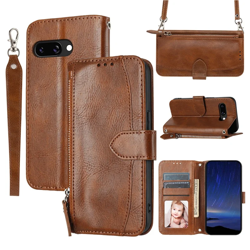 For Google Pixel 9a Case Zipper Pocket Leather Phone Cover with Crossbody Shoulder Strap - Brown