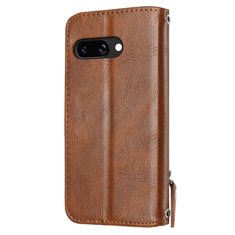 For Google Pixel 9a Case Zipper Pocket Leather Phone Cover with Crossbody Shoulder Strap - Brown