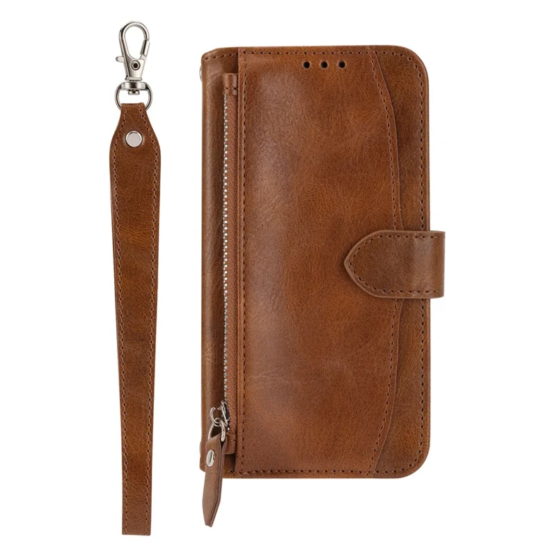 For Google Pixel 9a Case Zipper Pocket Leather Phone Cover with Crossbody Shoulder Strap - Brown