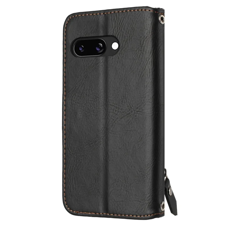 For Google Pixel 9a Case Zipper Pocket Leather Phone Cover with Crossbody Shoulder Strap - Black