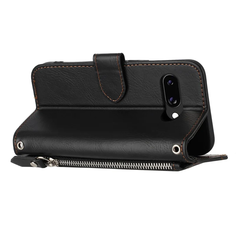 For Google Pixel 9a Case Zipper Pocket Leather Phone Cover with Crossbody Shoulder Strap - Black