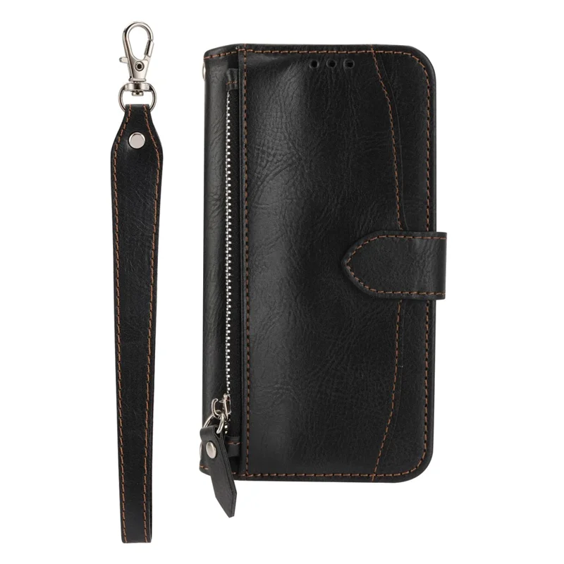For Google Pixel 9a Case Zipper Pocket Leather Phone Cover with Crossbody Shoulder Strap - Black
