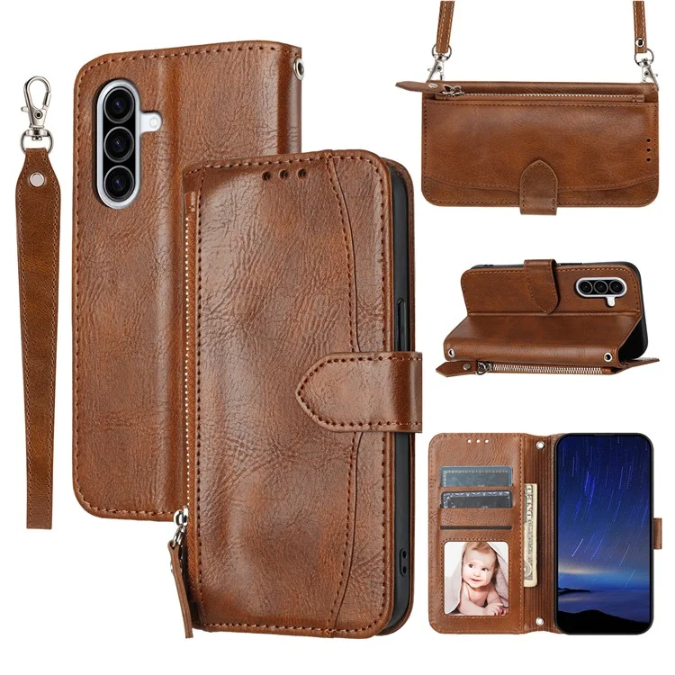 Funda para Samsung Galaxy A36 5G con bolsillo con cremallera, cubierta de teléfono de cuero con correa para el hombro cruzada - Marrón