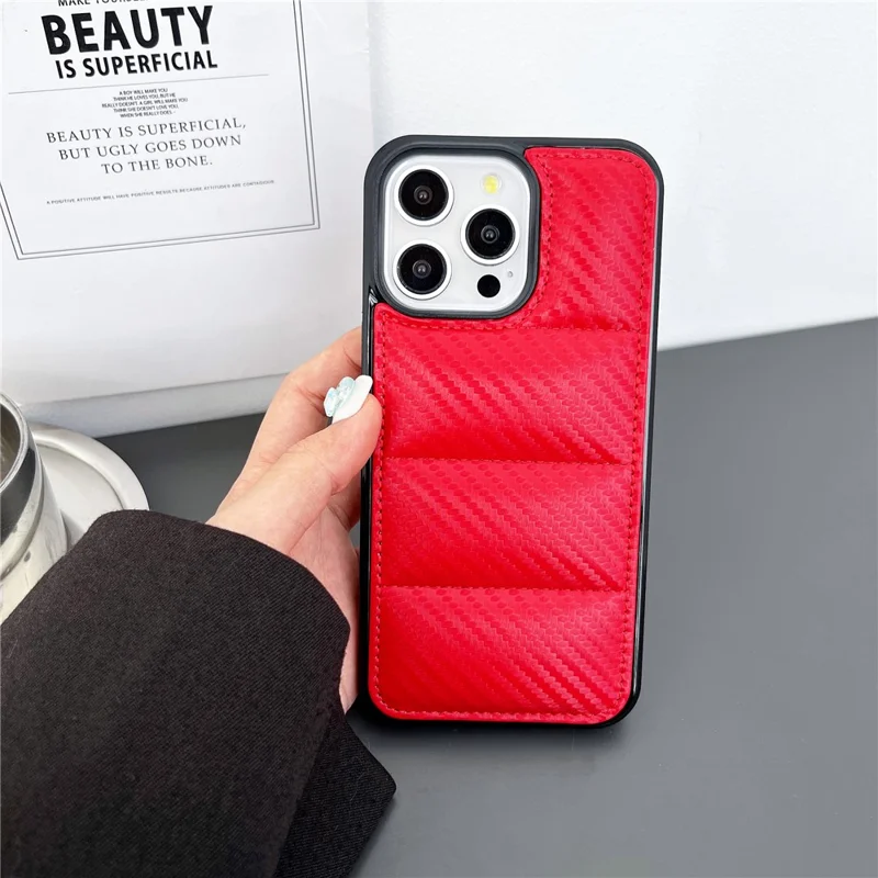For iPhone 15 Pro Case Carbon Fiber Puffer Jacket Leather+TPU Shockproof Phone Cover - Red