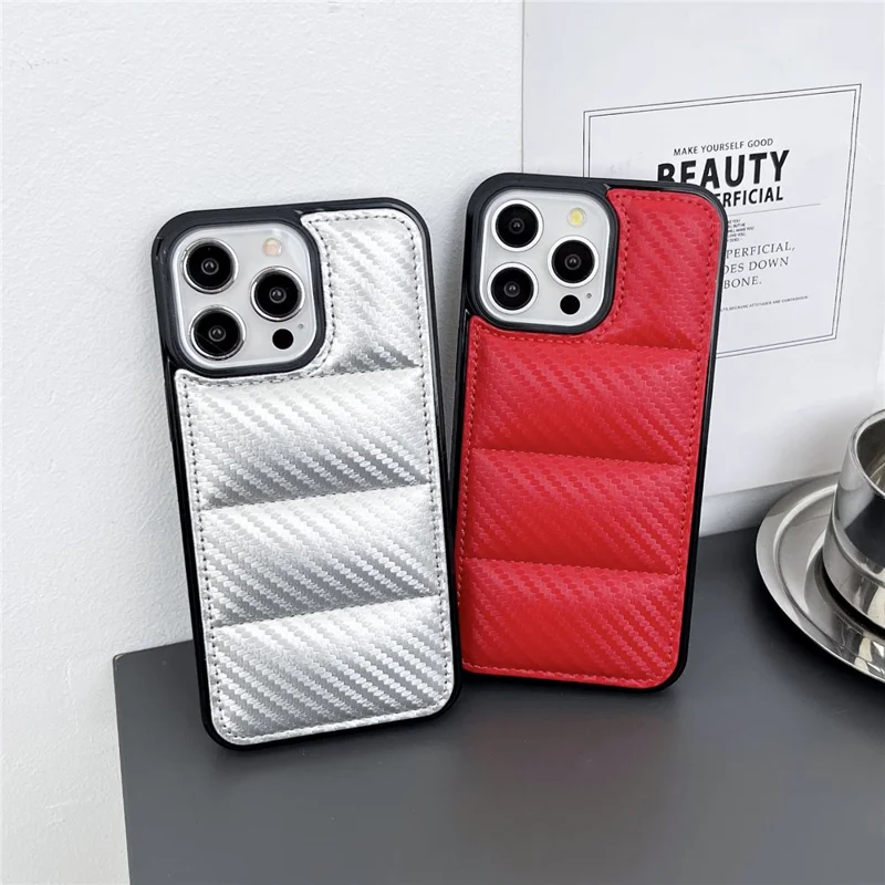 For iPhone 15 Pro Case Carbon Fiber Puffer Jacket Leather+TPU Shockproof Phone Cover - Red