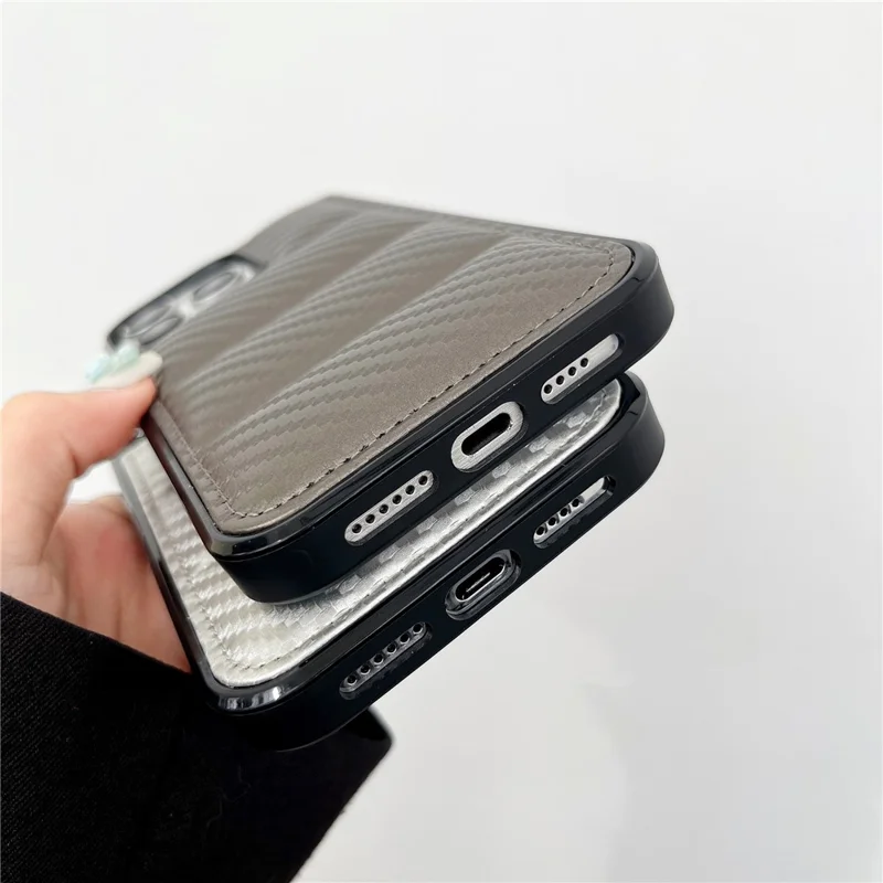 For iPhone 15 Pro Case Carbon Fiber Puffer Jacket Leather+TPU Shockproof Phone Cover - Red