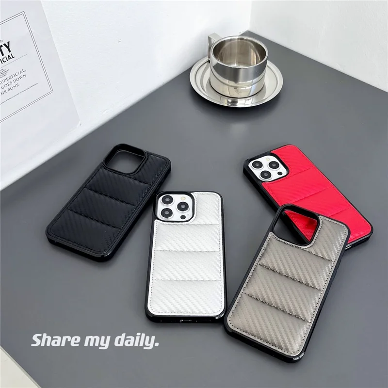 For iPhone 15 Pro Case Carbon Fiber Puffer Jacket Leather+TPU Shockproof Phone Cover - Red