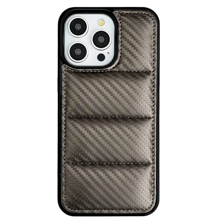 For iPhone 14 Pro Max Case Carbon Fiber Puffer Jacket Leather+TPU Shockproof Phone Cover - Grey