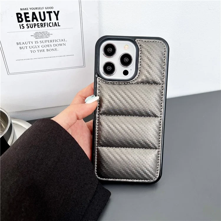 For iPhone 14 Pro Max Case Carbon Fiber Puffer Jacket Leather+TPU Shockproof Phone Cover - Grey