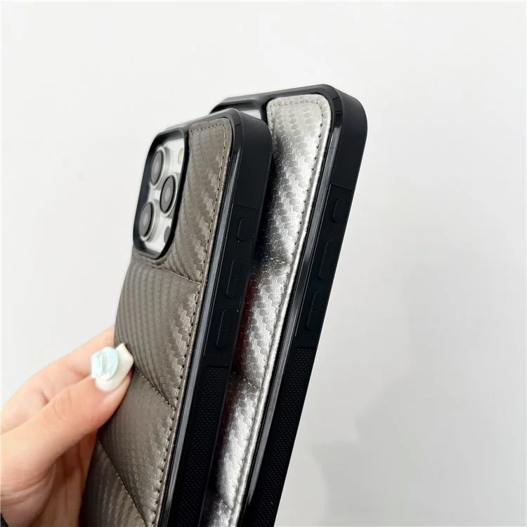 For iPhone 14 Pro Max Case Carbon Fiber Puffer Jacket Leather+TPU Shockproof Phone Cover - Grey