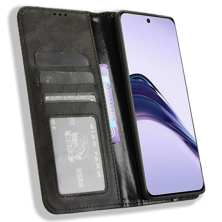 Für Realme 13+ 5G / 13 Pro (China) 5G Ledertasche Geldbörse Ständer Retro-Textur Handyhülle - Schwarz