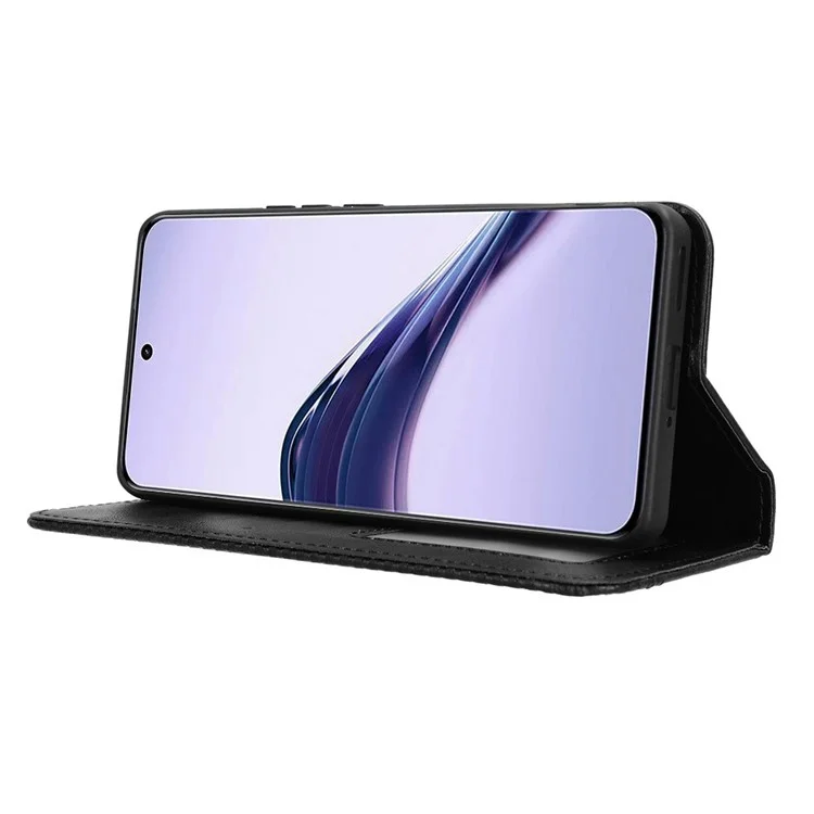 Für Realme 13+ 5G / 13 Pro (China) 5G Ledertasche Geldbörse Ständer Retro-Textur Handyhülle - Schwarz