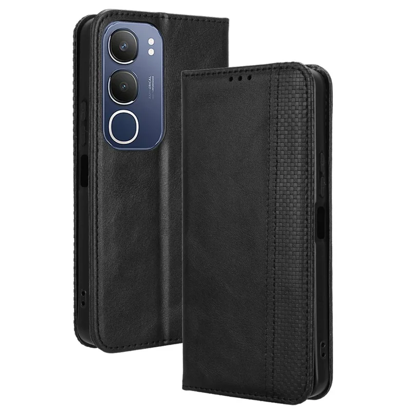 Чехол-книжка для vivo Y19s 4G из искусственной кожи, с функцией подставки, с ретро-текстурой - черный