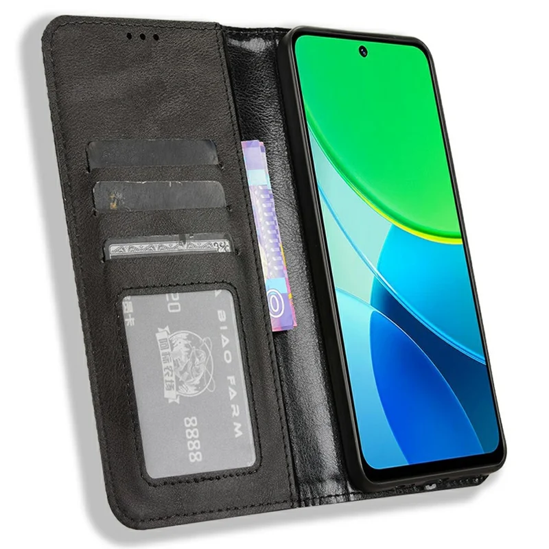 Чехол-книжка для vivo Y19s 4G из искусственной кожи, с функцией подставки, с ретро-текстурой - черный