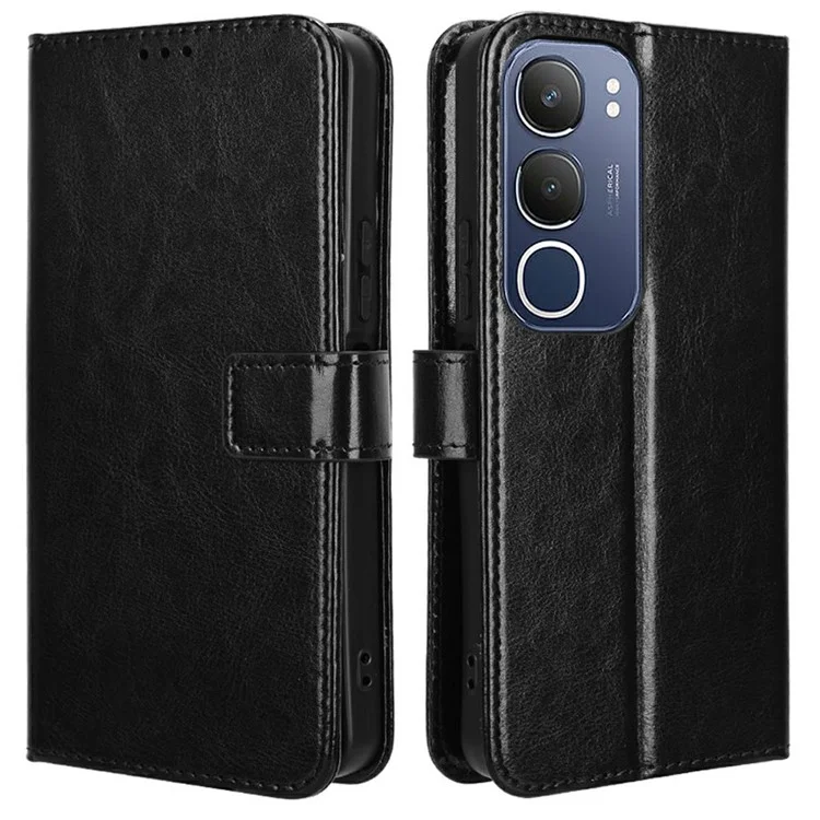 Für vivo Y19s 4G Hülle, Crazy Horse Textur PU-Leder Handytasche - Schwarz