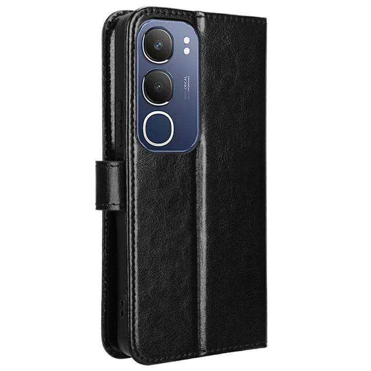 Für vivo Y19s 4G Hülle, Crazy Horse Textur PU-Leder Handytasche - Schwarz