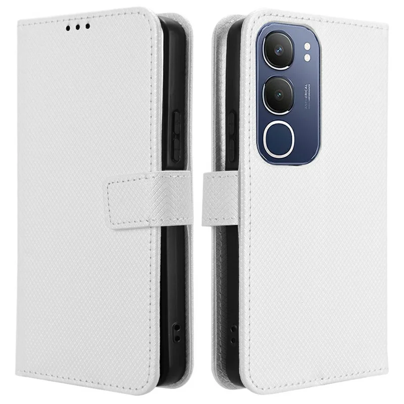 Étui pour vivo Y19s 4G en cuir PU avec texture diamant et fonction portefeuille - Blanc