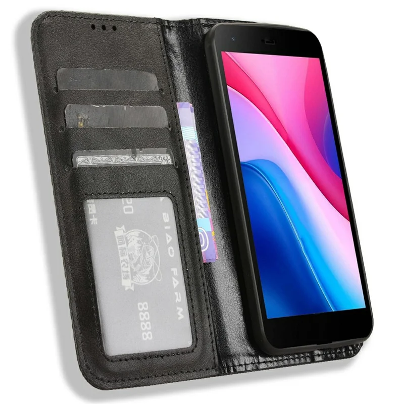 Étui en cuir portefeuille avec support pour ZTE Blade A35 Lite / A35 Core - Texture rétro - Noir