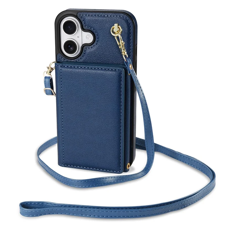 BKS-003 For iPhone 16 Case Tri-Fold Card Holder Kickstand TPU+Leather Back Cover with Shoulder Strap - Blue