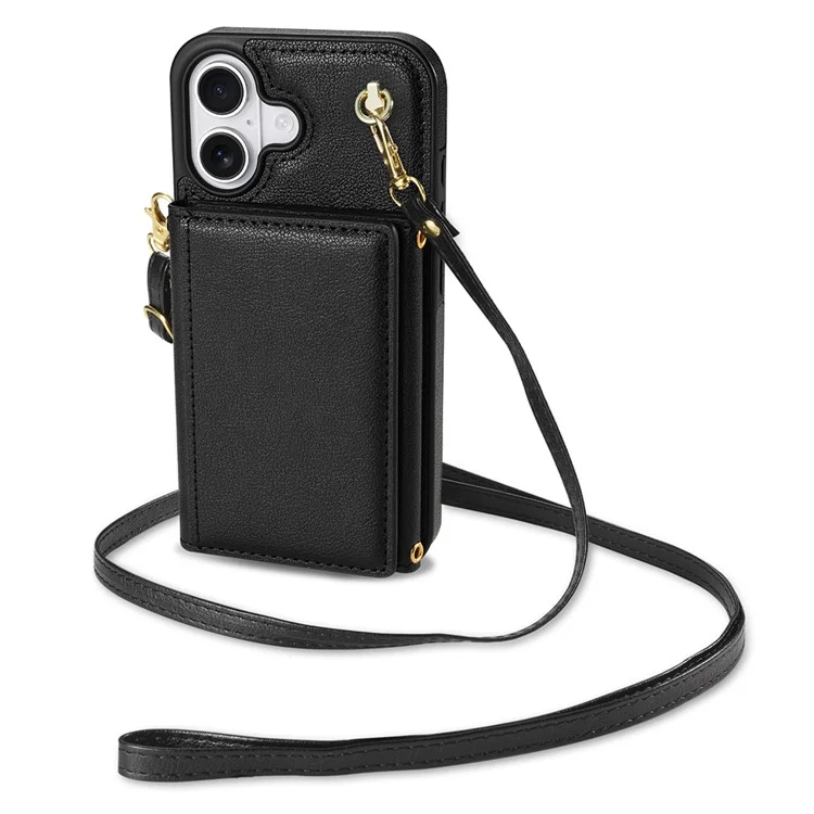Funda para iPhone 16 Plus BKS-003, de triple pliegue, con soporte, tapa trasera de TPU + cuero y correa para el hombro - Negro