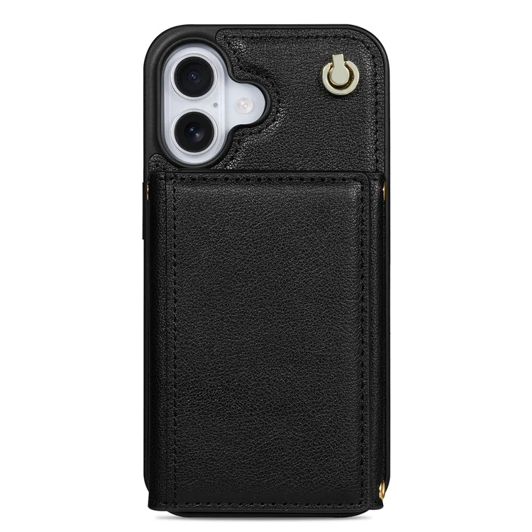 Funda para iPhone 16 Plus BKS-003, de triple pliegue, con soporte, tapa trasera de TPU + cuero y correa para el hombro - Negro