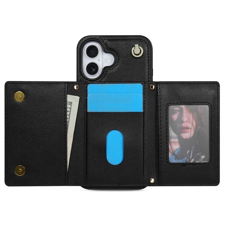 Funda para iPhone 16 Plus BKS-003, de triple pliegue, con soporte, tapa trasera de TPU + cuero y correa para el hombro - Negro