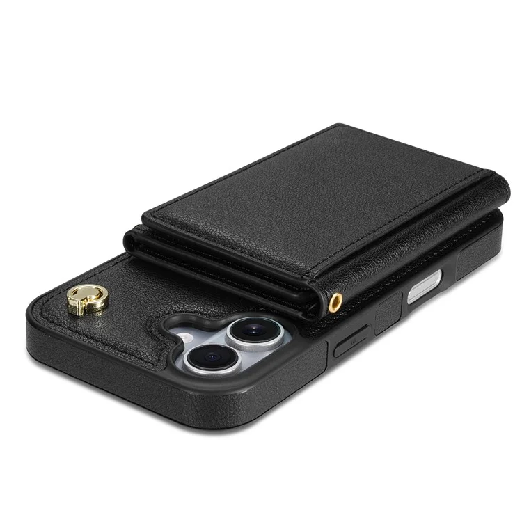 Funda para iPhone 16 Plus BKS-003, de triple pliegue, con soporte, tapa trasera de TPU + cuero y correa para el hombro - Negro