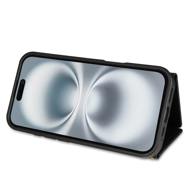 Funda para iPhone 16 Plus BKS-003, de triple pliegue, con soporte, tapa trasera de TPU + cuero y correa para el hombro - Negro