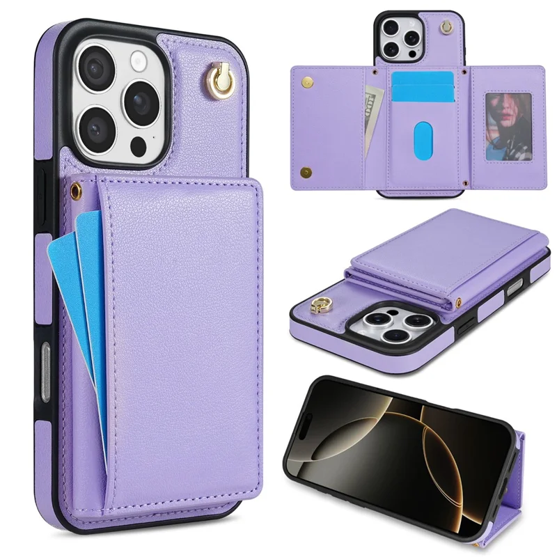BKS-003 For iPhone 16 Pro Case Tri-Fold Card Holder Kickstand TPU+Leather Back Cover with Shoulder Strap - Purple