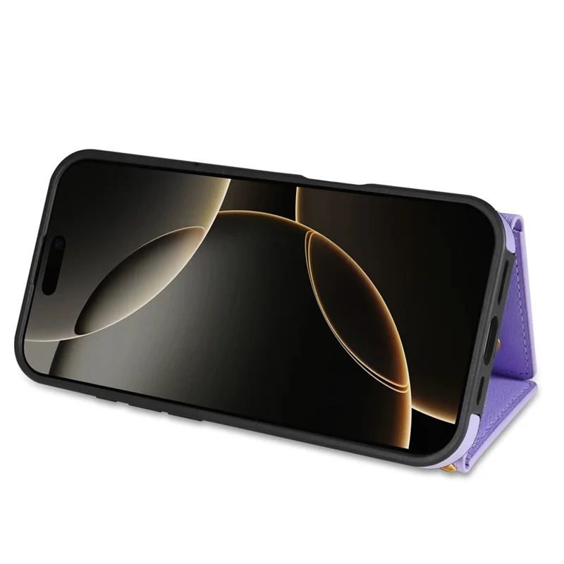 BKS-003 For iPhone 16 Pro Case Tri-Fold Card Holder Kickstand TPU+Leather Back Cover with Shoulder Strap - Purple