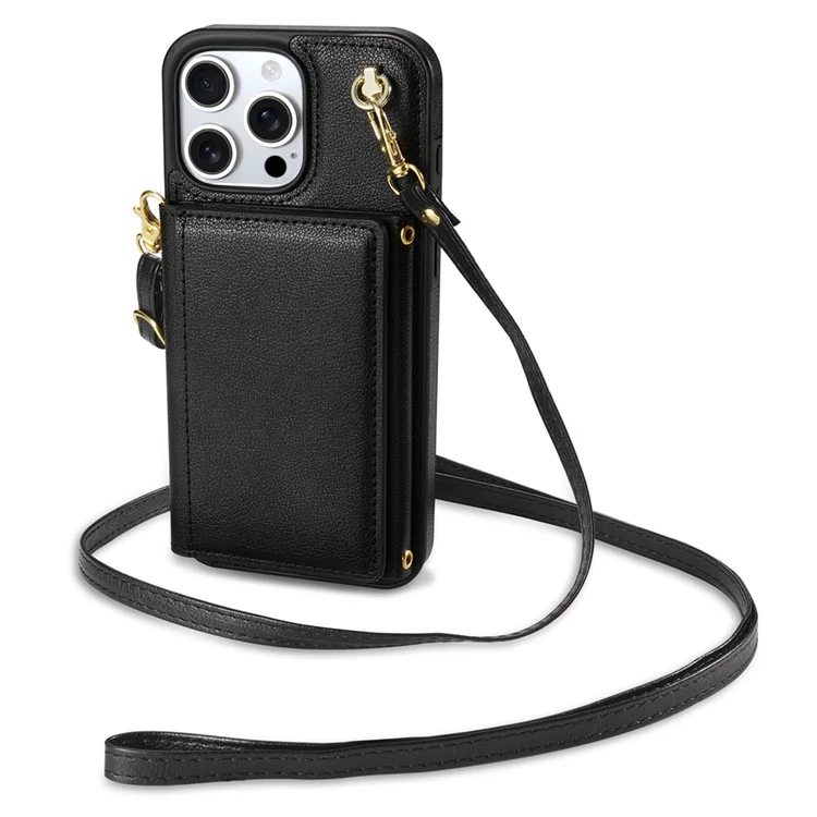 Custodia per iPhone 16 Pro Max BKS-003 con portacarte pieghevole a tre ante, supporto, cover posteriore in TPU+pelle e cinturino da spalla - Nero