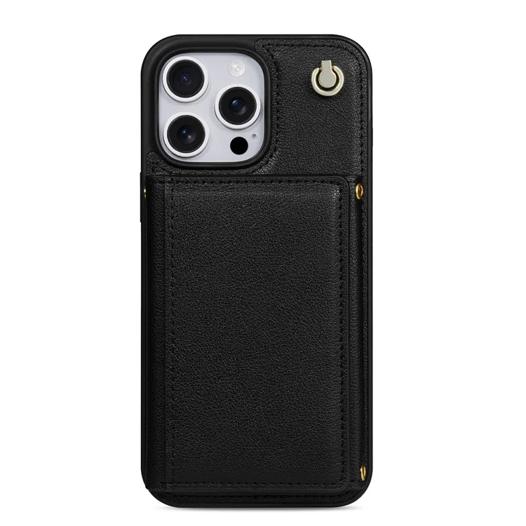 Custodia per iPhone 16 Pro Max BKS-003 con portacarte pieghevole a tre ante, supporto, cover posteriore in TPU+pelle e cinturino da spalla - Nero